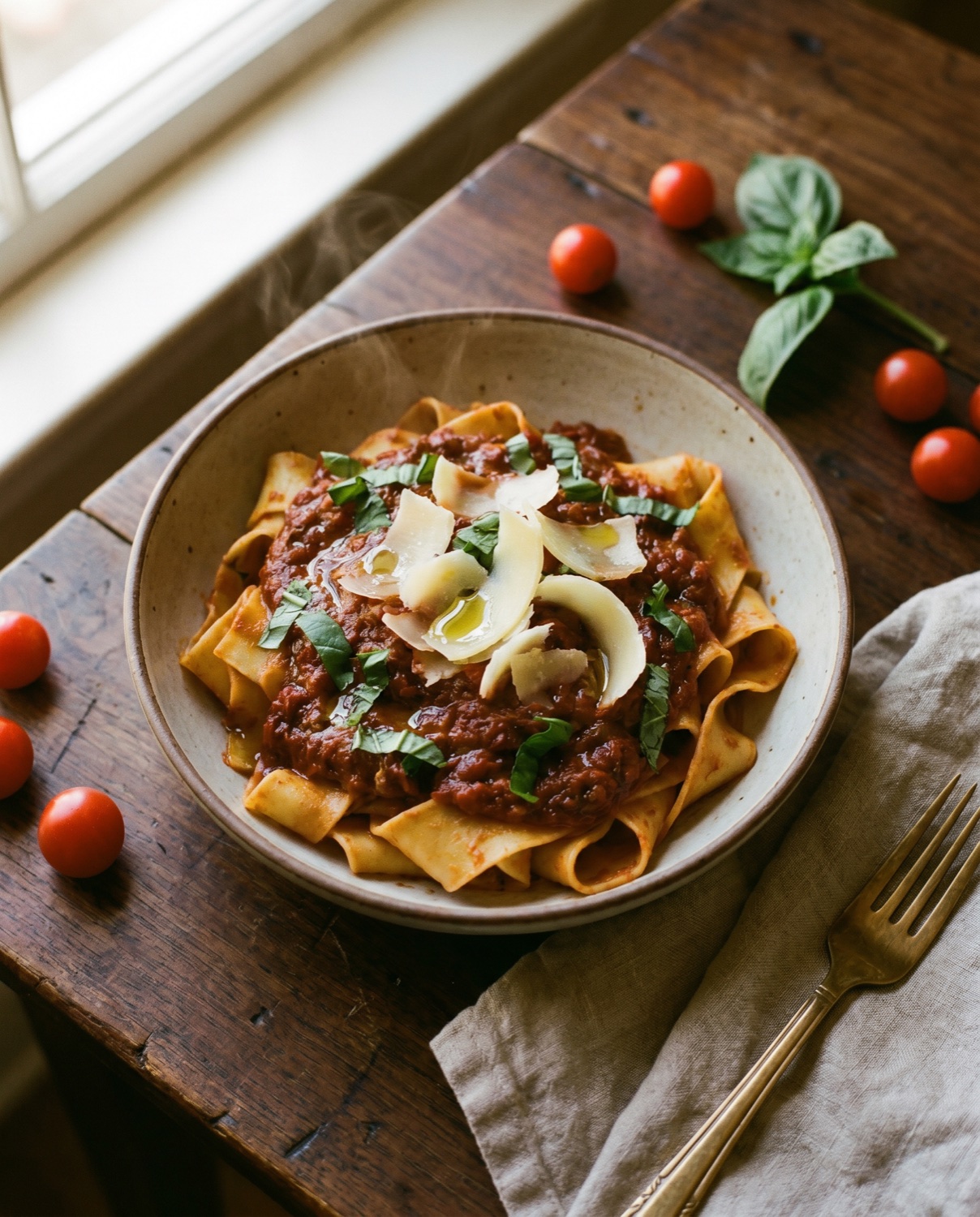 A plated pasta dish styled for a digital menu