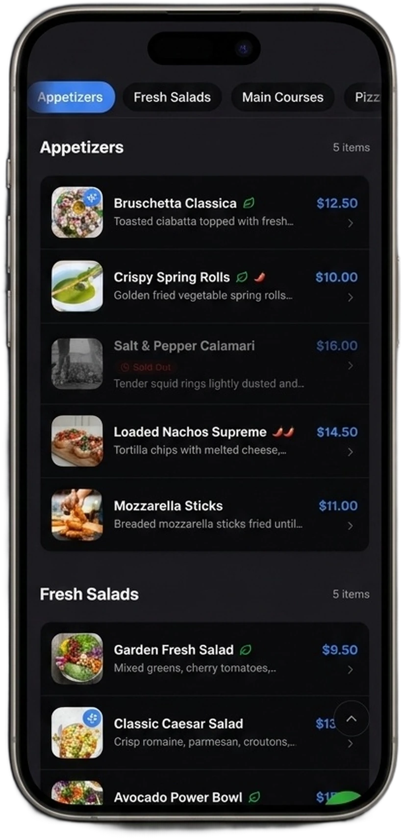 A restaurant menu open on a phone, showing dishes with photos and prices that guests browse and order after scanning a QR code