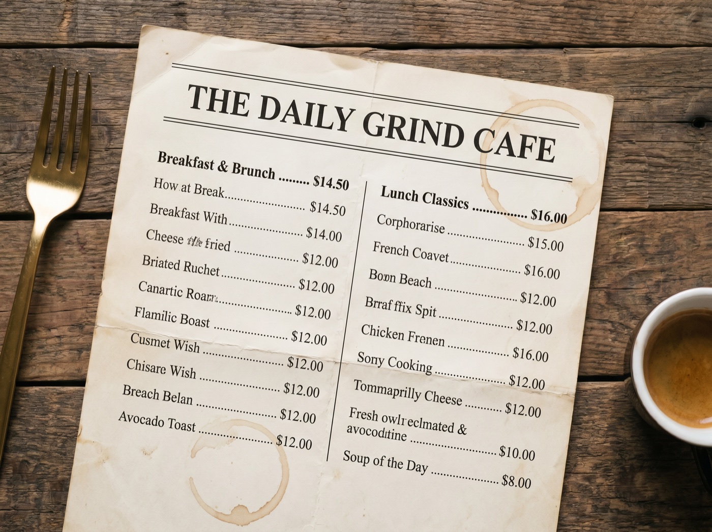 A worn paper menu